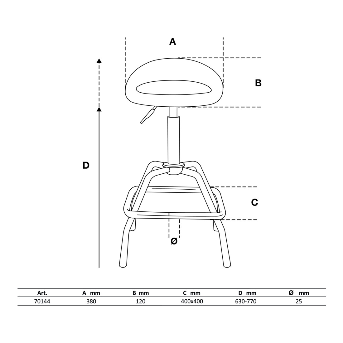 BGS Chaise d’atelier réglable en hauteur, 630 - 770 mm