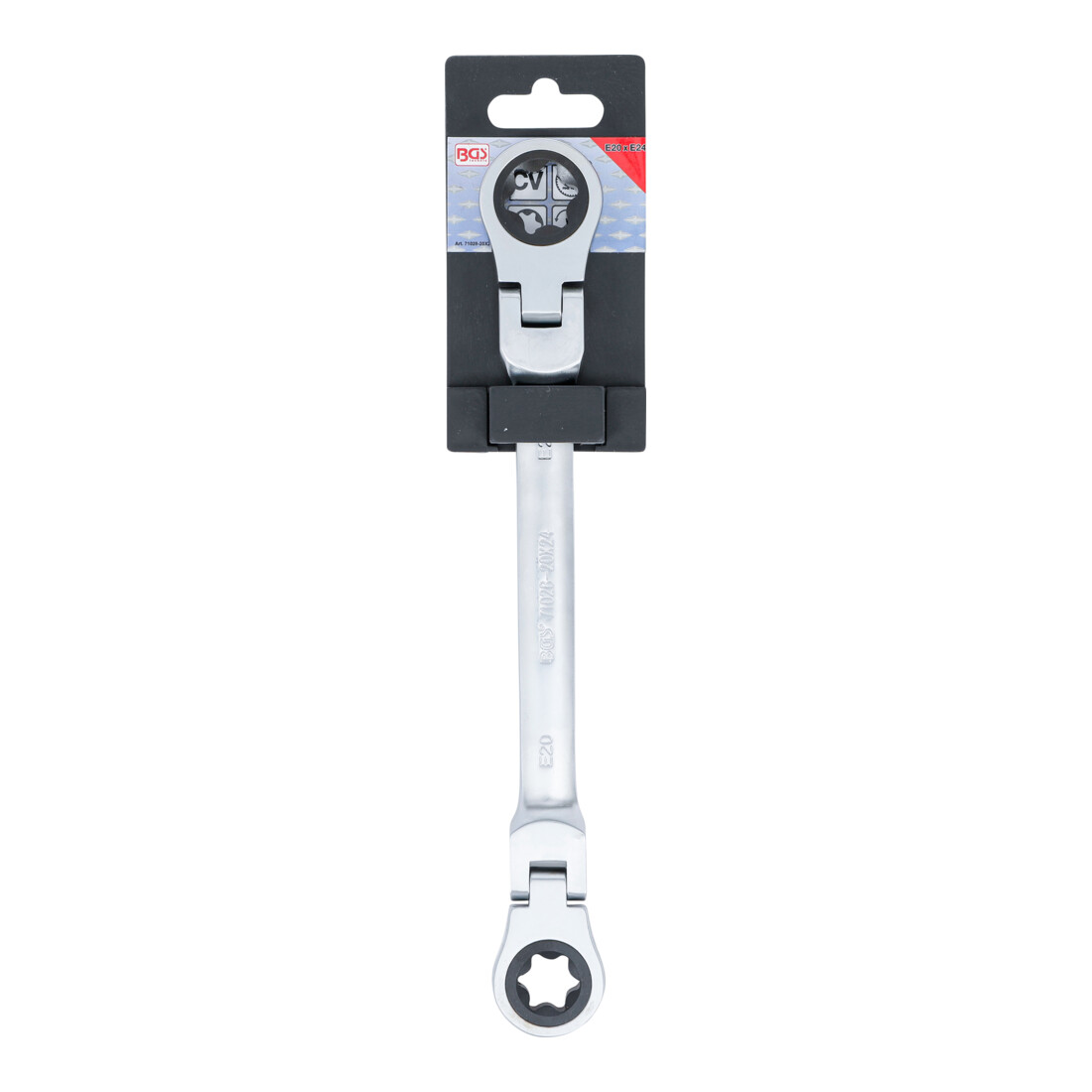 BGS Chiave a cricchetto doppia, angolabile, con teste ad anello profilo E, SW E20 x E24