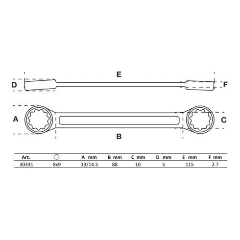 BGS Chiave a doppio anello, extra piatta, 8 x 9 mm