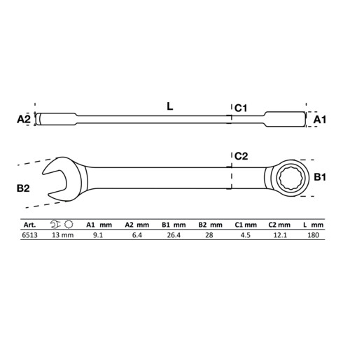 BGS Chiave combinata a cricchetto, 13 mm