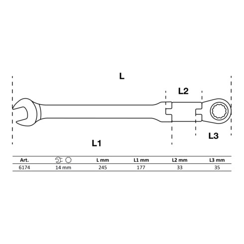 BGS Chiave combinata a cricchetto con doppio snodo, regolabile, 14 mm