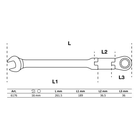BGS Chiave combinata a cricchetto con doppio snodo, regolabile, 16 mm