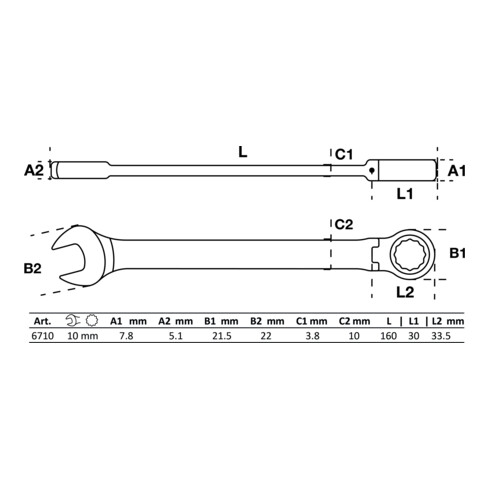 BGS Chiave combinata a cricchetto, regolabile, 10 mm