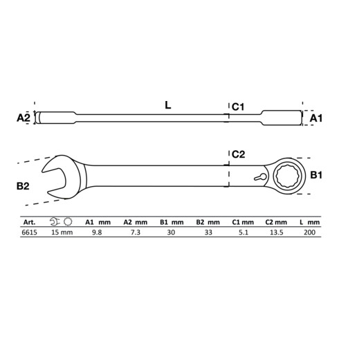 BGS Chiave combinata a cricchetto, reversibile, 15 mm