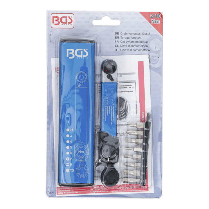 BGS Clé dynamométrique, sortie hexagonale interne 6,3 mm (1/4"), 2 - 10 Nm, avec jeu de bits, 9 pièces
