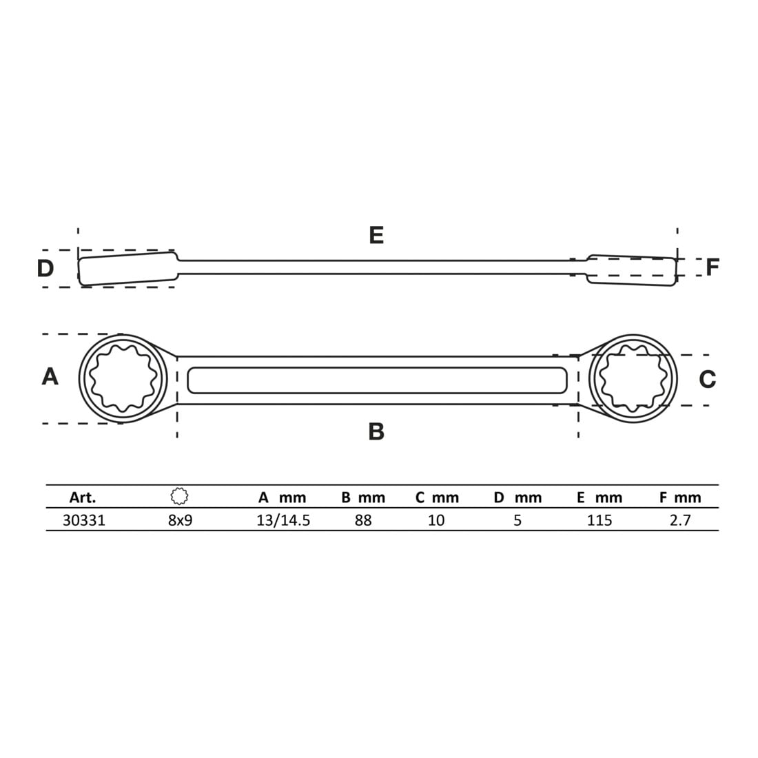 BGS Clé polygonales double embouts extra plate 8 x 9 mm