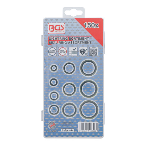 BGS Dichtring-Sortiment 9306, Metall, mit Gummi-Dichtwulst, 150-tlg.