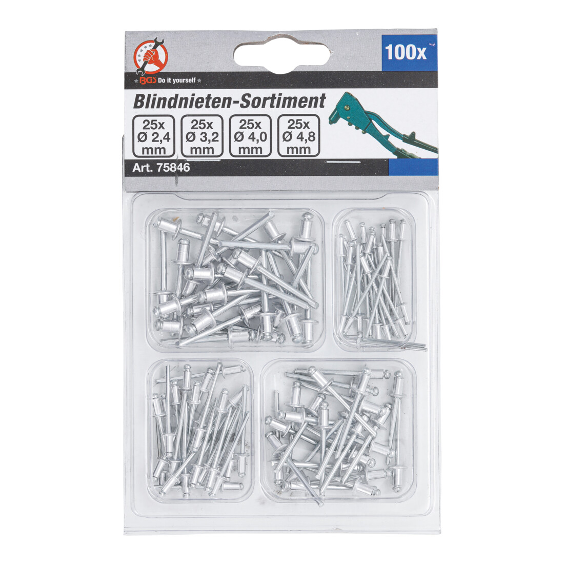 BGS Do it yourself Assortimento rivetti a strappo, Ø 2,4 - 4,8mm, 100pz.