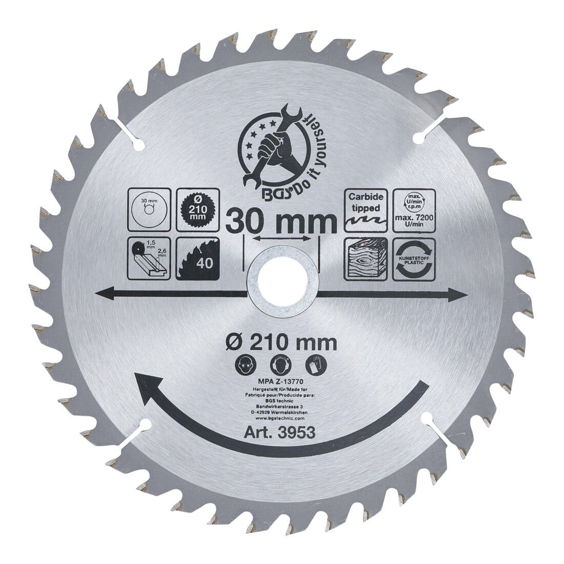 BGS Do it yourself hardmetalen cirkelzaagblad Ø 210 x 30 x 2,6 mm 40 tanden