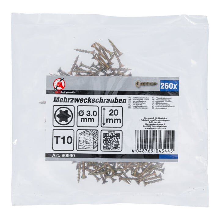 BGS Do it yourself Mehrzweckschrauben 80990, T-Profil (für TX) T10, 3,0 x 20 mm, 260 Stück