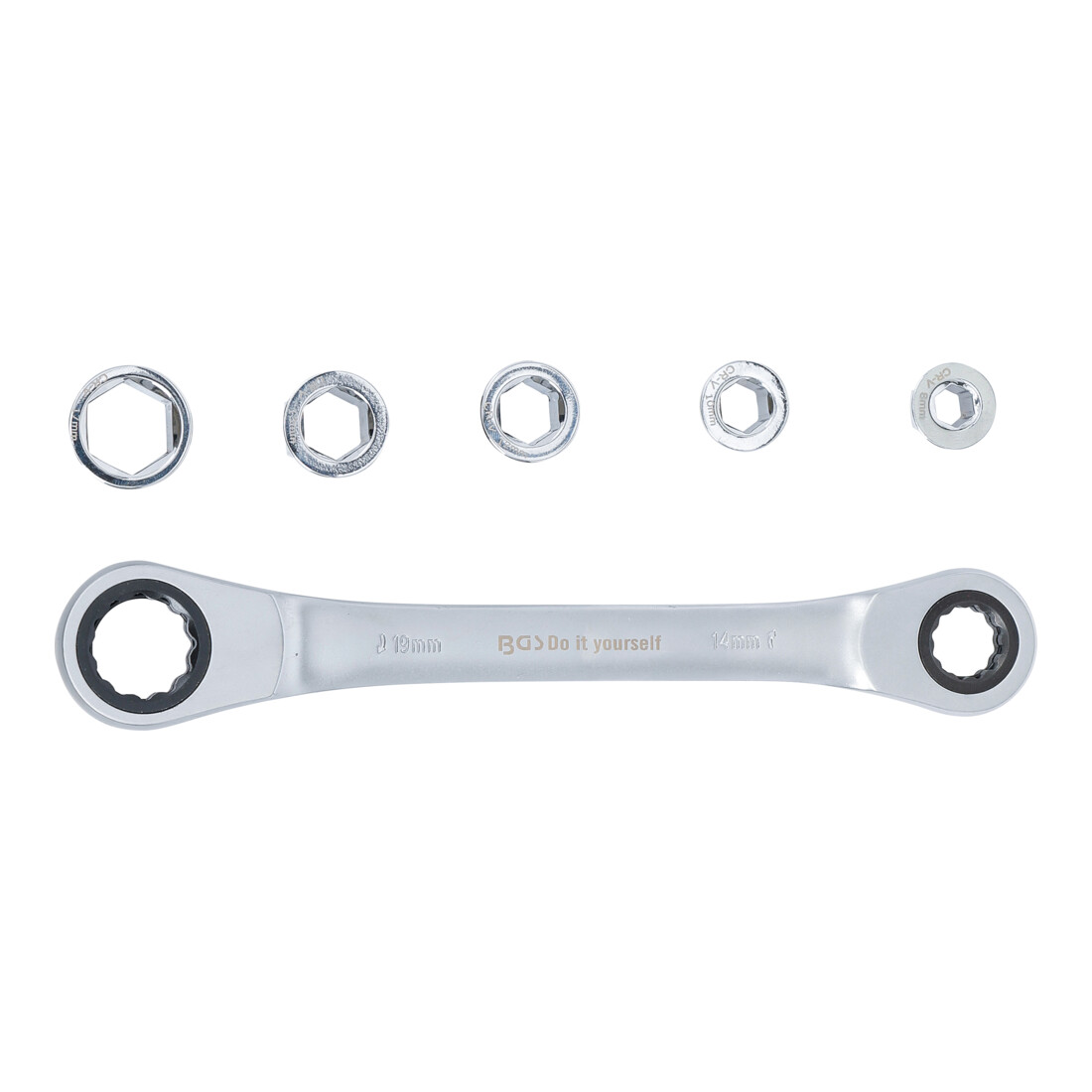 BGS Do it yourself ratelringsleutel met adapterset SW 8 - 19 mm 6 dlg.