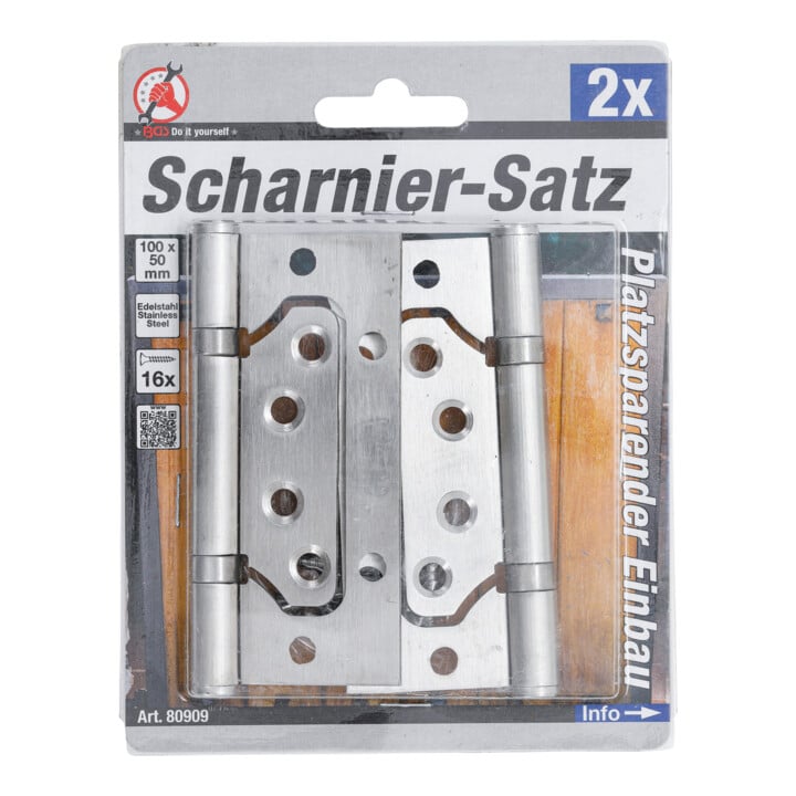 BGS Do it yourself Scharnier-Satz 80909, Edelstahl, für platzsparenden Einbau, 100 x 50 mm, 2-tlg.