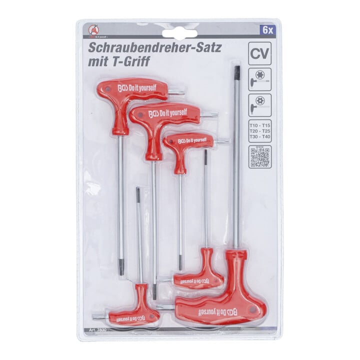 BGS Do it yourself Schraubendreher-Satz mit T-Griff und seitlicher Klinge 7830, T-Profil (für TX) mit Bohrung T10 - T40, 6-tlg.