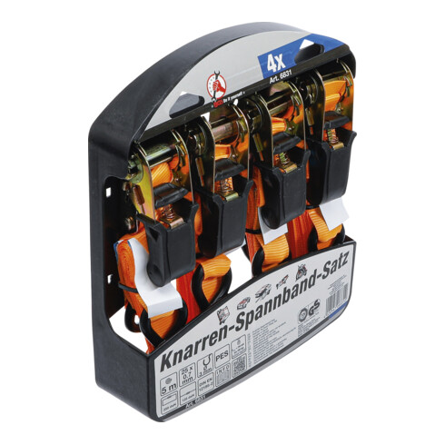 BGS Do it yourself Set di cinghie di tensione a cricchetto con ganci pesanti, 5mx25mm, 4pz.
