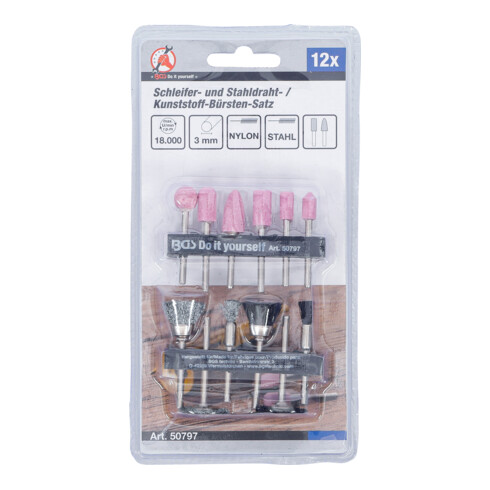 BGS Do it yourself Set smerigliatrice e set di spazzole in acciaio e plastica, 12pz.