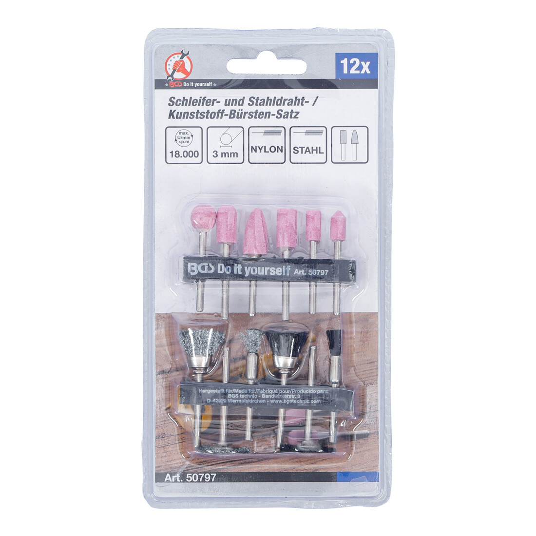 BGS Do it yourself Set smerigliatrice e set di spazzole in acciaio e plastica, 12pz.