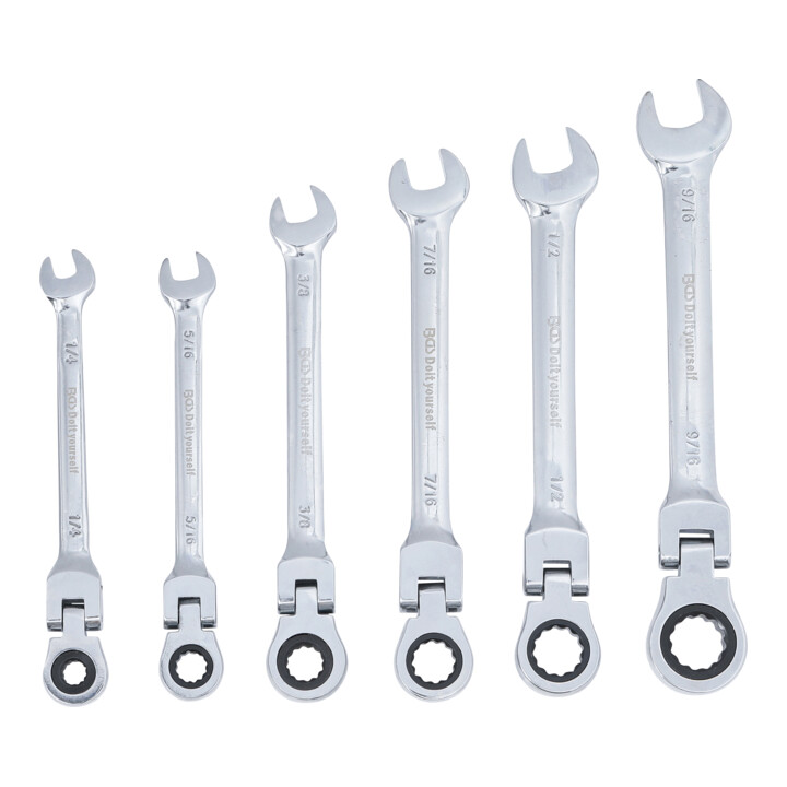 BGS Do it yourself steek-ringratelsleutelset flexibele koppen inch maten SW 1/4" - 9/16" 6 delig.