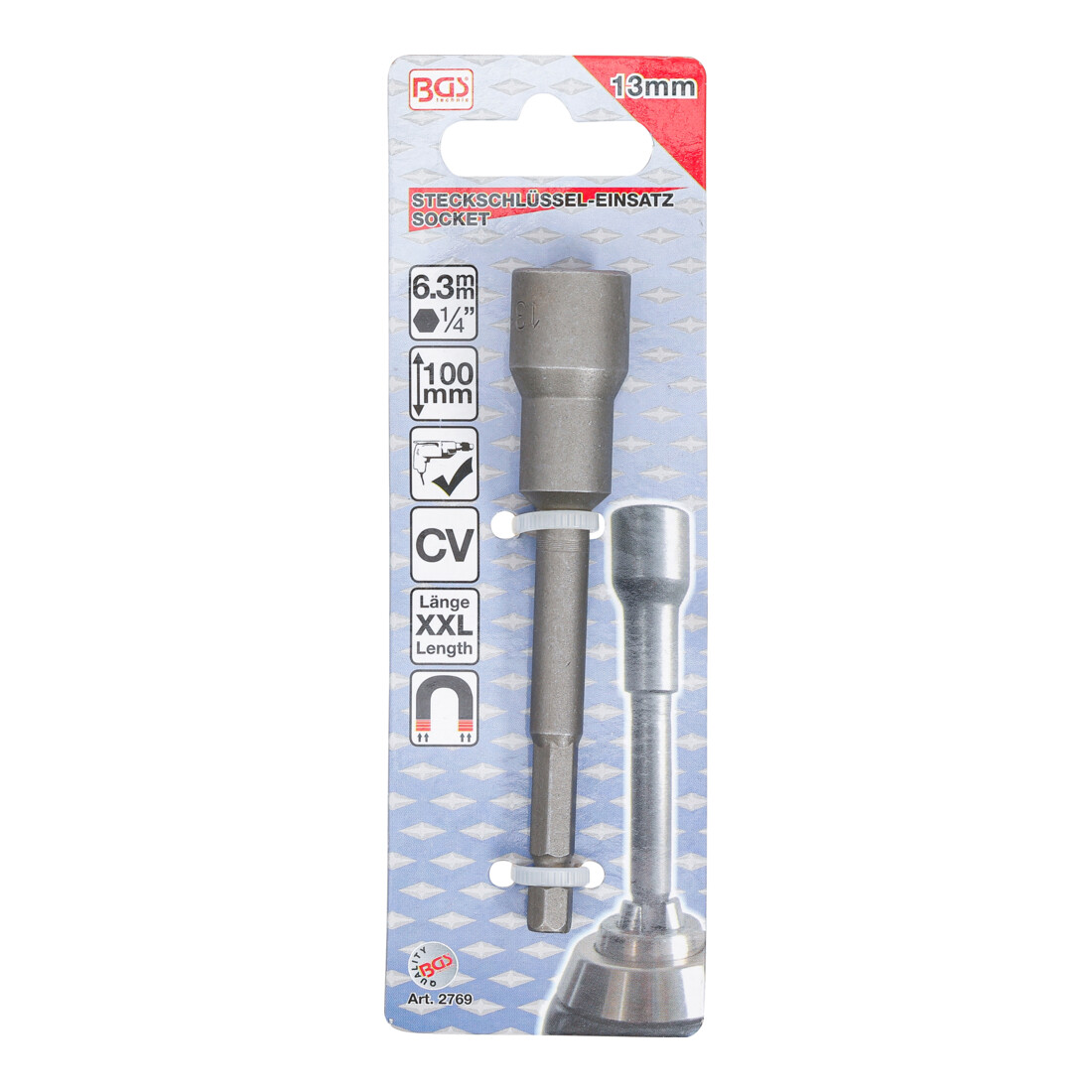 BGS Douille à choc, six pans extra longue pour perceuses 6,3 mm (1/4") 13 mm