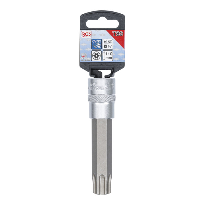 BGS Douille à embouts longueur 110 mm 12,5 mm (1/2") profil T (pour TX) avec perçage T80