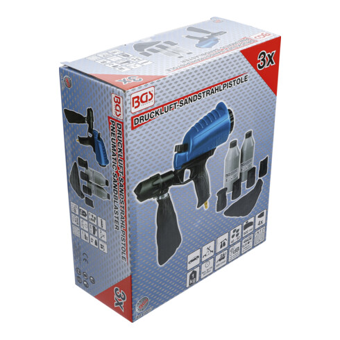 BGS Druckluft-Sandstrahlpistole inkl. Zubehör 3-tlg. Mit aufgesetztem Strahlsandbehälter aus Kunststoff (ABS), mit 900 ml Fassungsvermögen