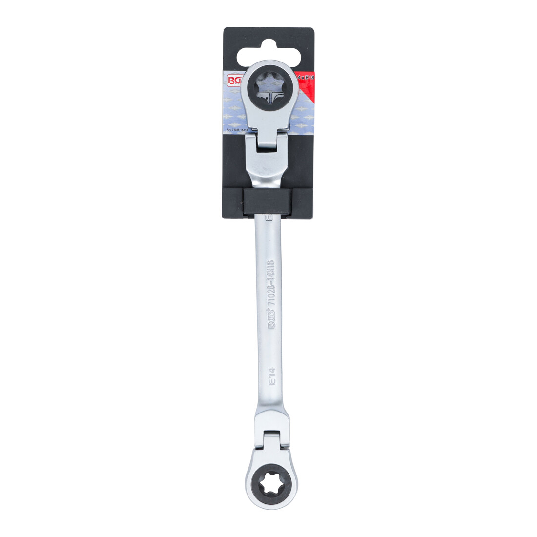 BGS Dubbele ratel-ringsleutel, kantelbaar, met E-profiel ringkoppen, SW E14 x E18