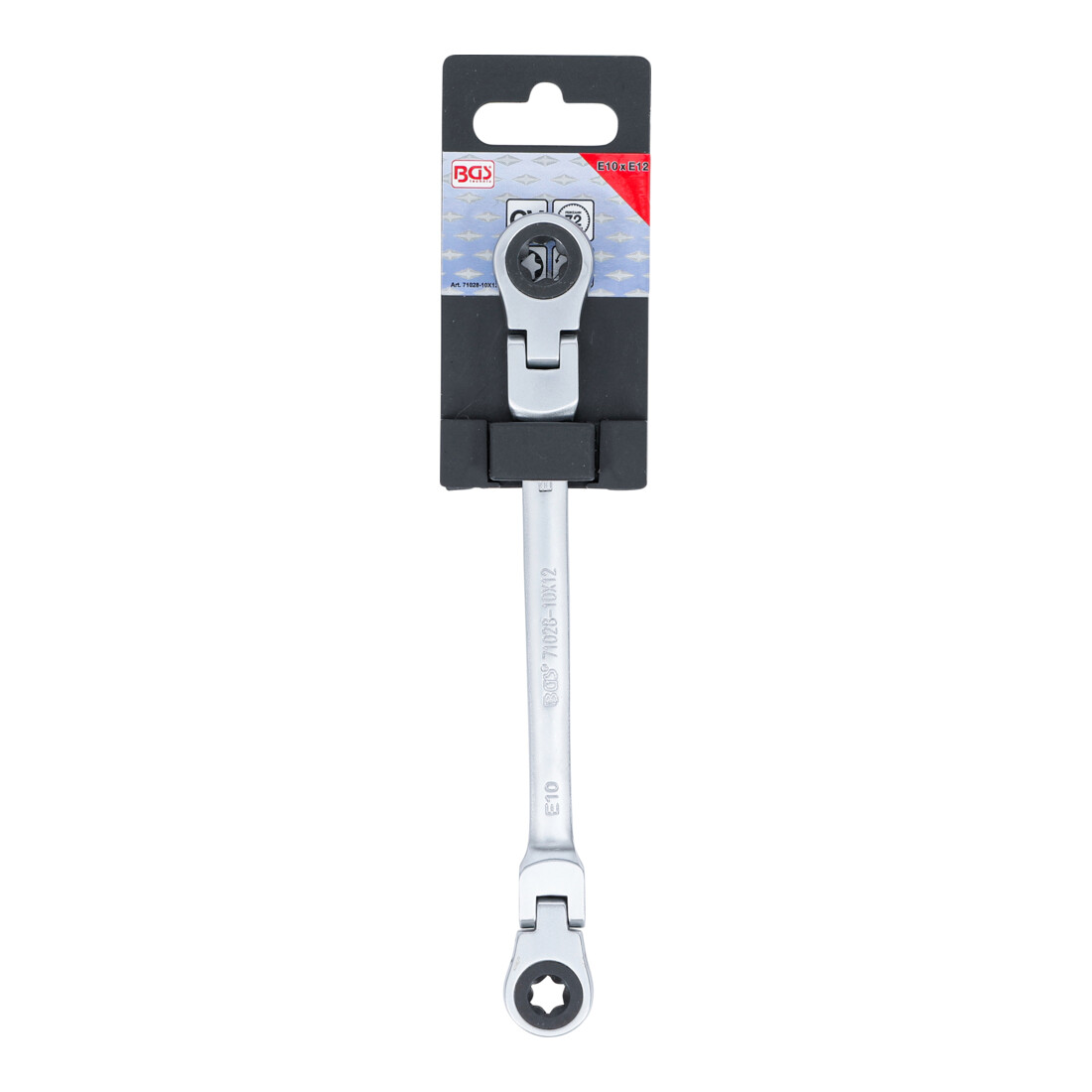 BGS Dubbele ratel-ringsteeksleutel, kantelbaar, met E-profiel ringkoppen, SW E10 x E12