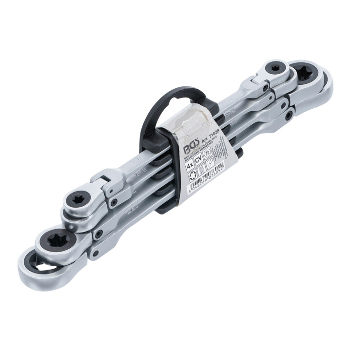 BGS dubbele steek-ringratelsleutelset haaks met E-profiel ringkoppen SW E6 - E24 4-delig.