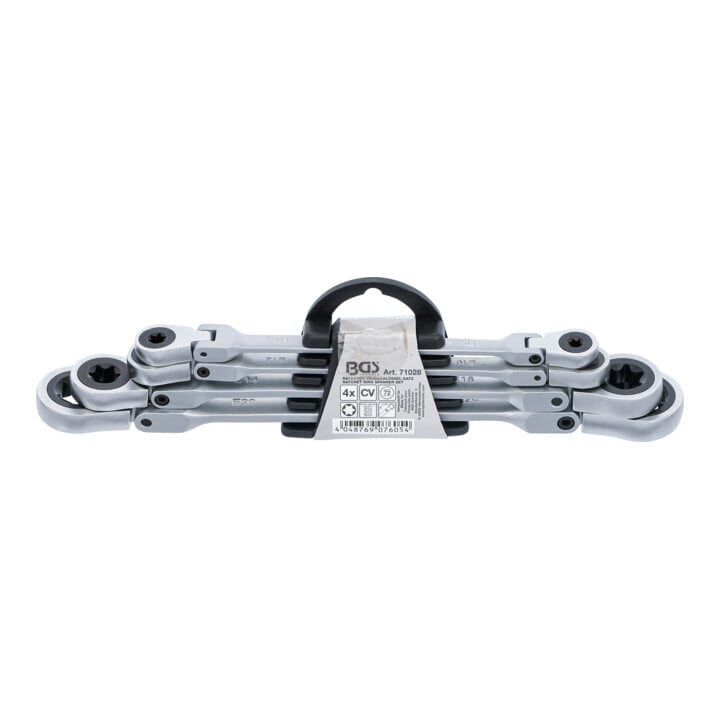 BGS dubbele steek-ringratelsleutelset haaks met E-profiel ringkoppen SW E6 - E24 4-delig.