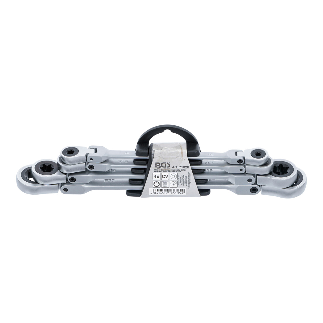 BGS dubbele steek-ringratelsleutelset haaks met E-profiel ringkoppen SW E6 - E24 4-delig.