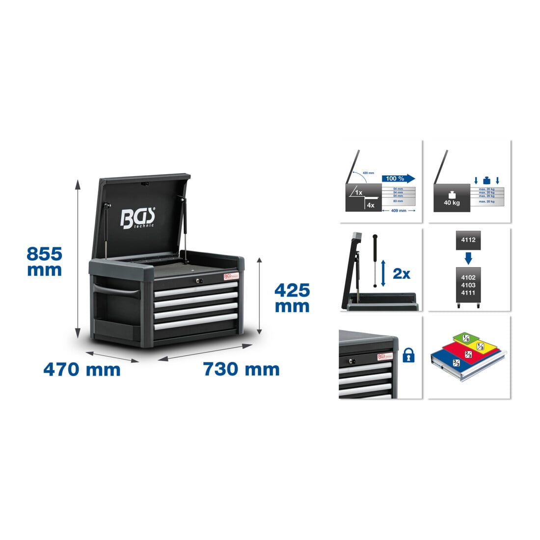 BGS fixation pour chariot d'atelier PROFI 4 tiroirs vide