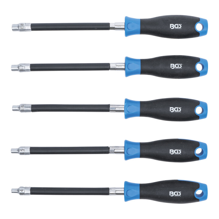 BGS Flexibele schroevendraaierset met rond handvat E-profiel E4 - E8 Bladlengte 150 mm 5 dlg.