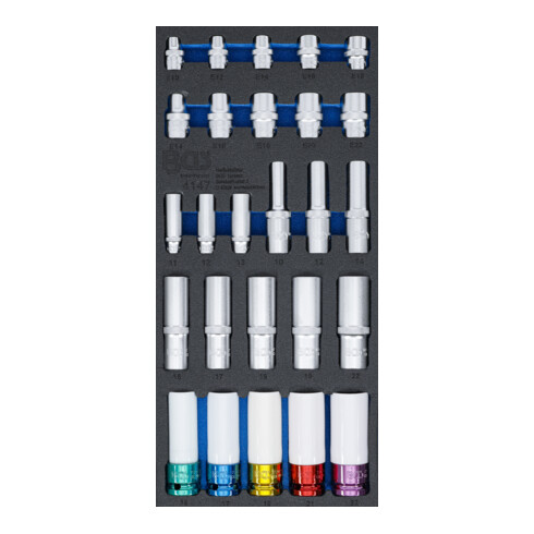 BGS Gereedschapmodule 1/3: dopsleutels, zeskant, diep 11– 22 mm | E-profiel E10 - E22 | 6,3 mm (1/4"), 10 mm (3/8"), 12,5 mm (1/2") | 26-dlg.
