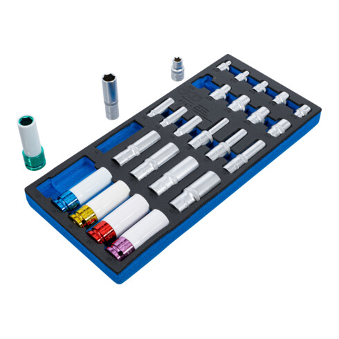 BGS Gereedschapmodule 1/3: dopsleutels, zeskant, diep 11– 22 mm | E-profiel E10 - E22 | 6,3 mm (1/4"), 10 mm (3/8"), 12,5 mm (1/2") | 26-dlg.