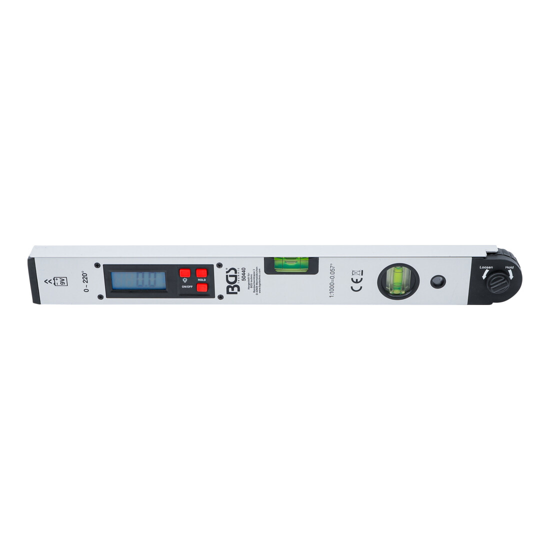 BGS Goniometro digitale LCD con livella a bolla, 450mm