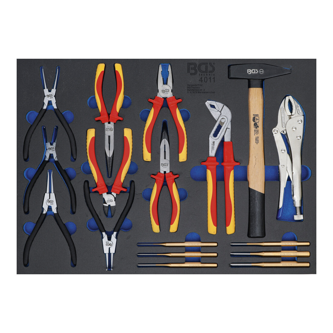 BGS Inserto per carrello da officina 3/3: set di pinze, cacciaspine, martelli, 17pz.
