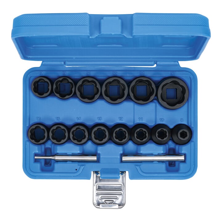 BGS Jeu de douilles spéciales / extracteur de vis Entraînement carré intérieur 12,5 mm SW 8 - 27 mm 16 pcs.