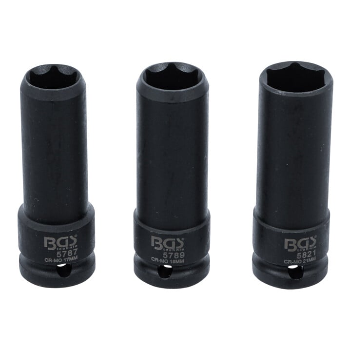 BGS Jeu d’embouts à douille spécial haute résistance, entraînement carré intérieur 12,5 mm (1/2"), 17 / 19 / 21 mm, 3 pièces