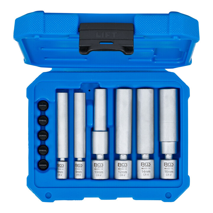 BGS Jeu d’embouts articulés pour bougies de préchauffage et d’allumage, carré intérieur 6,3 mm (1/4") / 10 mm (3/8"), clés 8 - 9 - 10 - 12 - 14 - 16 mm, 11 pièces
