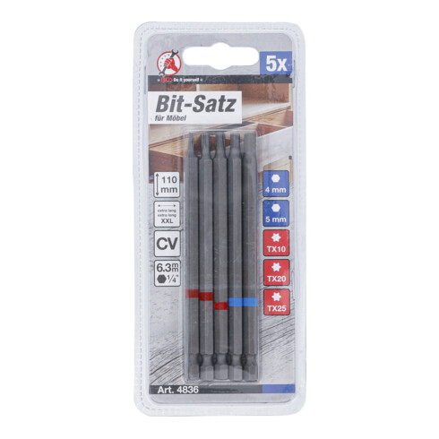 BGS Jeu d’embouts, entraînement hexagonal extérieur 6,3 mm (1/4"), hexagone intérieur, profil T (pour TX), longueur 110 mm, 5 pièces