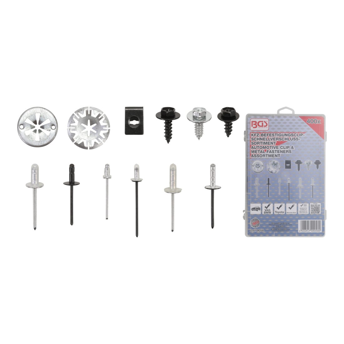 BGS Kfz-Befestigungsclip-Sortiment für Audi, VW, Toyota, Mercedes-Benz, BMW 9058, 400-tlg.