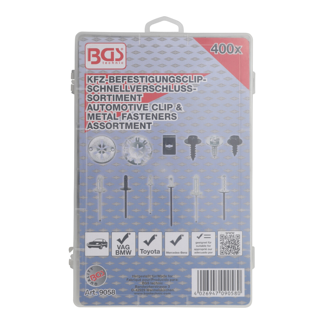 BGS Kfz-Befestigungsclip-Sortiment für Audi, VW, Toyota, Mercedes-Benz, BMW 9058, 400-tlg.