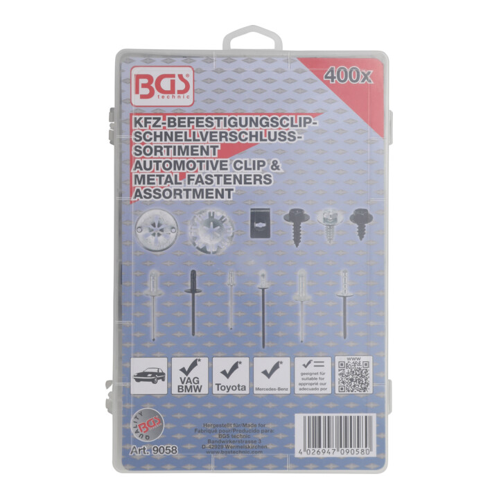 BGS Kfz-Befestigungsclip-Sortiment für Audi, VW, Toyota, Mercedes-Benz, BMW 9058, 400-tlg.