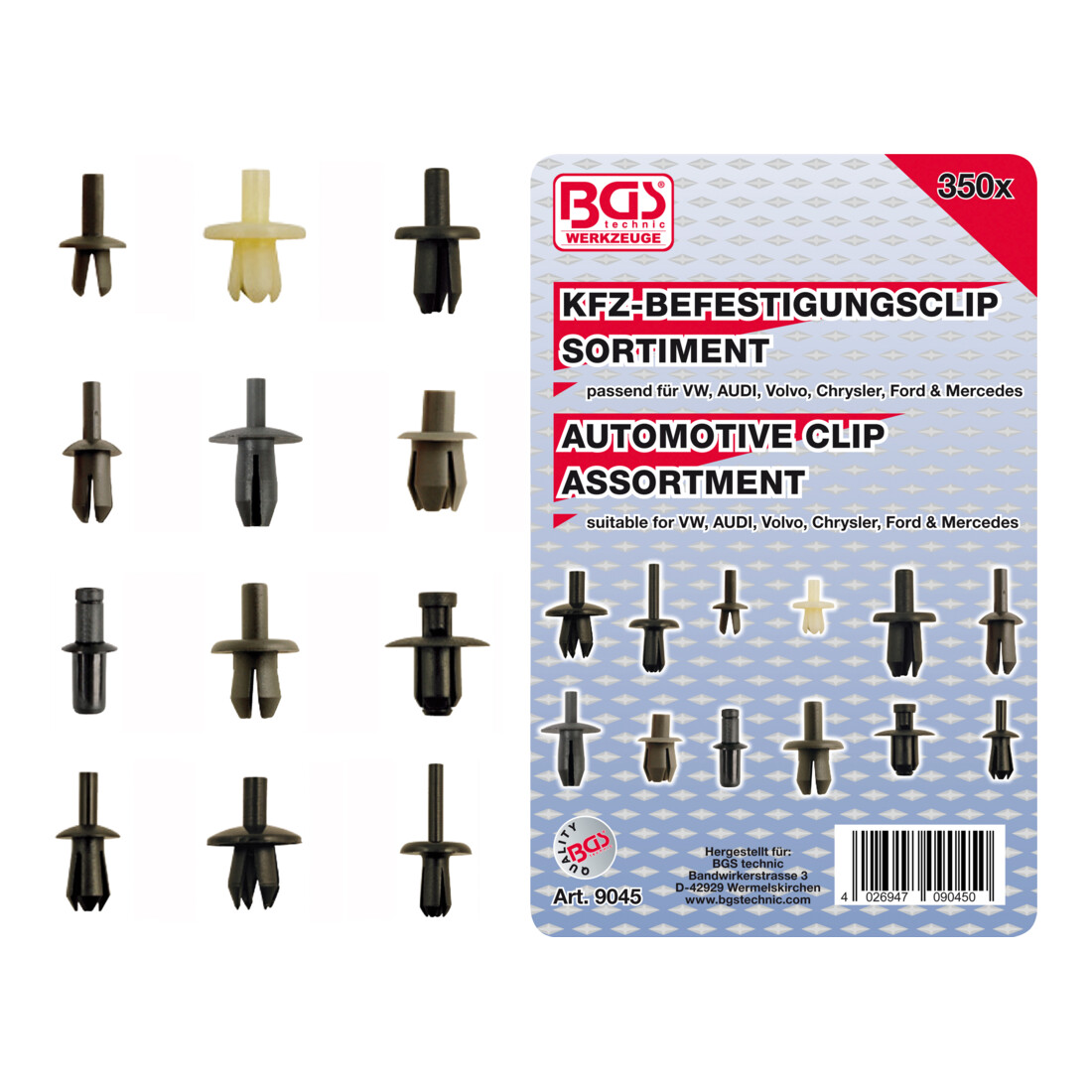 BGS Kfz-Befestigungsclip-Sortiment für VW, Audi, Volvo, Chrysler, Ford, Mercedes-Benz 9045, 350-tlg.