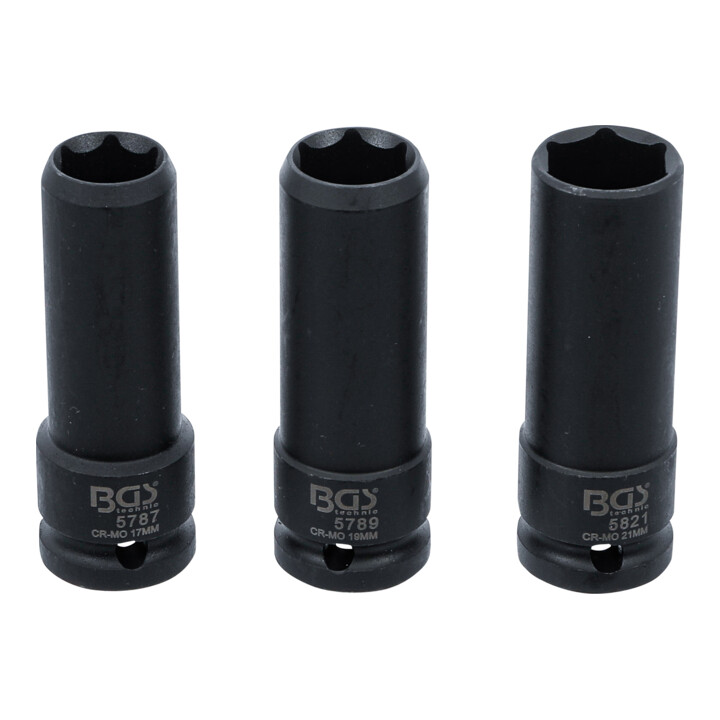 BGS Krachtige speciale steekdopsleutelset, aandrijving binnenvierkant 12,5 mm (1/2"), maat 17 / 19 / 21 mm, 3-dlg.