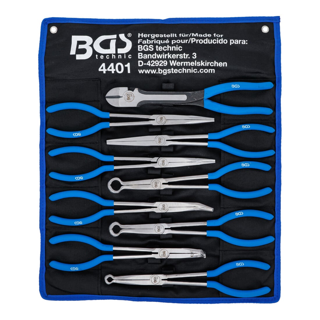 BGS Langbeck- / Flach- und Zündkerzen-Stecker-Zangen-Satz, extra lang, 9-tlg.