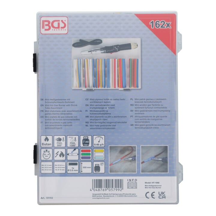 BGS Mini-Heißgasbrenner mit Schrumpfschlauch-Sortiment farbig mit Piezo-Zündung 162-tlg.