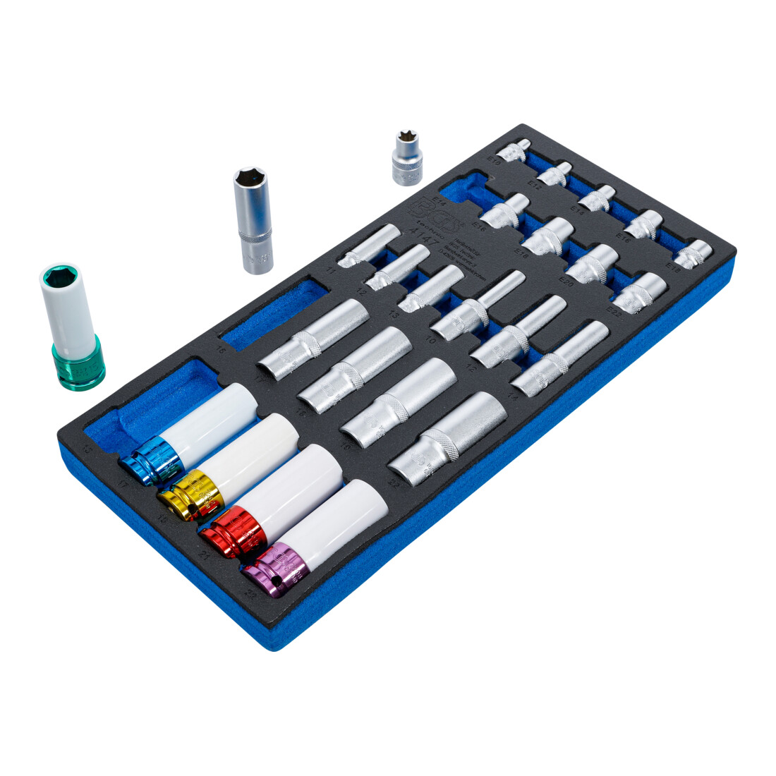 BGS Modulo per carrelli portautensili 1/3: serie bussole esagonali, profondità 11 - 22 mm, profilo E E10 - E22, 6,3 mm (1/4"), 10 mm (3/8"), 12,5 mm (1/2"), 26 pz.
