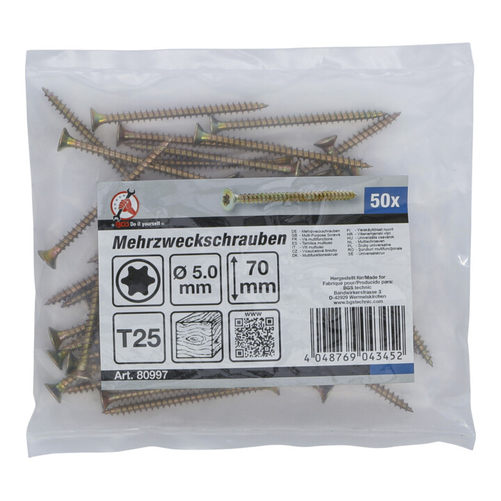 BGS Multischroeven | T-profiel (voor TX) T25 | 5,0 x 70 mm | 50 stuks