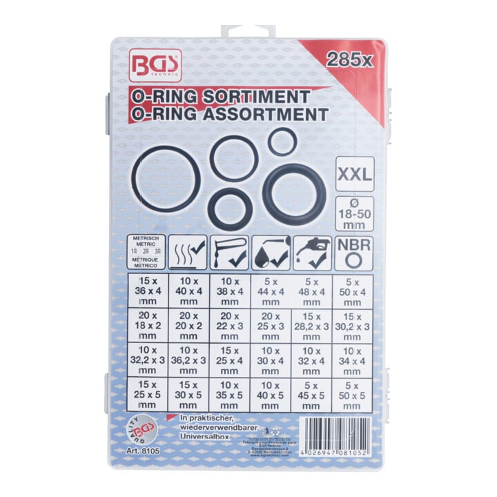 BGS O-Ring-Sortiment 8105, XXL, Ø 18 - 50 mm, 285-tlg.