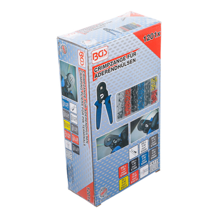 BGS Pince à sertir pour cosses de conducteurs de 0,25 à 10 mm² avec assortiment de cosses de conducteurs de 0,5 - 10 mm²